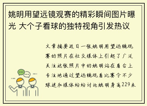 姚明用望远镜观赛的精彩瞬间图片曝光 大个子看球的独特视角引发热议